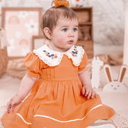 Vestido de Bebê Bambollina Gola Bordada Laranja - vestido de bebê