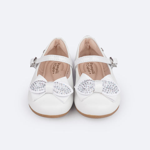 Sapato Infantil Pampili Mini Angel Laço Glitter e Strass Branco - frente da sapatilha com laço de glitter e strass