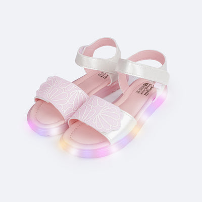Sandália de Led Infantil Pampili Lulli Conchas Branca e Rosa - frente da sandália com glitter e estampa de conchas 