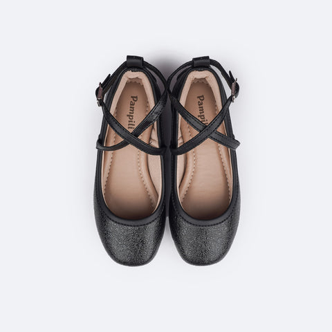 Sapato Infantil Pampili Ballet Texturizada Preto - superior da sapatilha com tiras cruzadas