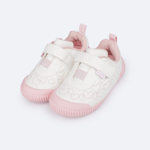 Tênis Infantil Feminino Pampili Yuyu Corações Bordados Branco e Rosa - tênis para bebê confortável