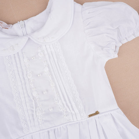 Vestido de Batizado Roana com Touca Bordado Pérola Branco - vestido de bebê para batizado