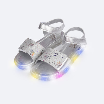 Sandália de Led Infantil Pampili Lulli Glitter e Pontos Coloridos Prata - frente da sandália de led com velcro