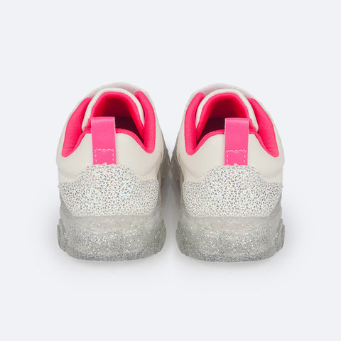 Tênis de Led Infantil Pampili Liz Luz Branco e Pink Fluor - traseira do tênis holográfico com textura