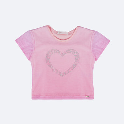 Camiseta Infantil Pampili Tule e Coração de Strass Rosa - frente da camiseta de tule