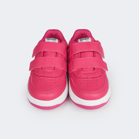 Tênis Escolar Infantil Pampili Slim Joy Velcro Pink - frente do tênis com perfuros