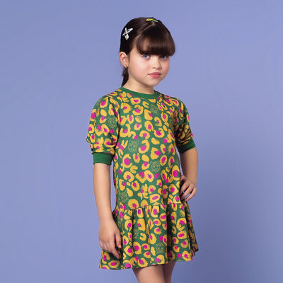 Vestido Infantil Bambollina Animal Print Verde e Colorido - vestido com estampa de oncinha