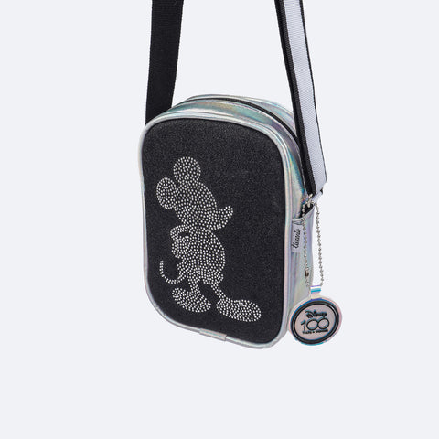 Bolsa Tiracolo Tweenie Strass Preta e Prata Mickey Mouse © DISNEY - frente da bolsa com strass