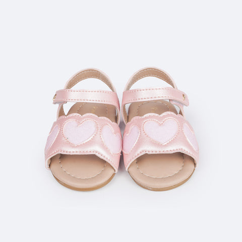 Sandália de Bebê Pampili Nana Corações de Glitter Rosa Glacê - frente da sandália