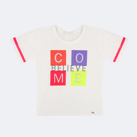 Camiseta Infantil Feminina Pampili Estampa Glitter Neon Come Believe Off White e Colorida - camiseta feminina colorida
