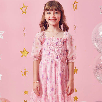 Vestido Infantil Kukiê Lavandas Lastex Rosa - frente do vestido rosa com flores de lavanda