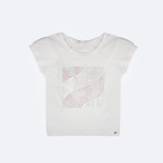 Camiseta Infantil Pampili Corações e Strass Coloridos Off White - frente da camiseta com estampa sublimada e strass