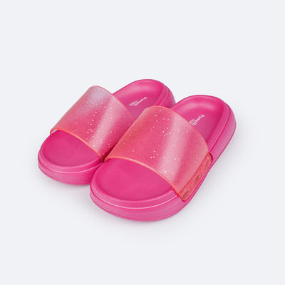Chinelo Slide Infantil Pampili Fly Glee Glitter Pink - frente do chinelo com glitter