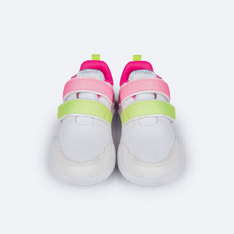 Tênis de Led Infantil Pampili SPK 35 Glitter Branco e Neon - frente do tenis com glitter