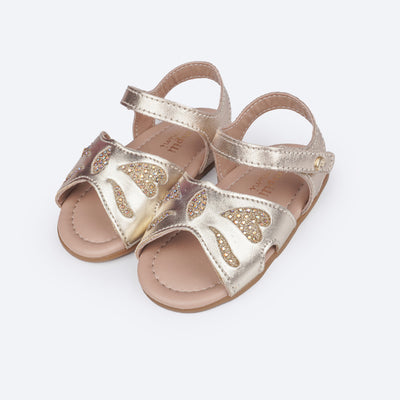 Sandália de Bebê Pampili Nana Laço Strass Dourada - frente da sandália com glitter e strass