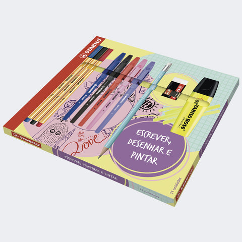Caneta Stabilo Kit Escrever Desenhar e Pintar 11 Itens Colorida - caixa personalizada