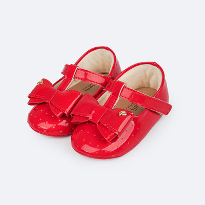 Sapato de Bebê Pampili Nina Calce Fácil Verniz Perfuros e Laço Vermelho Peper - sapato de bebê vermelho