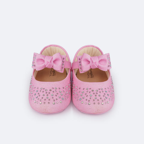 Sapato de Bebê Pampili Nina Laço Glitter Strass Rosa Bale Novo - frente do sapado de bebê com brilho