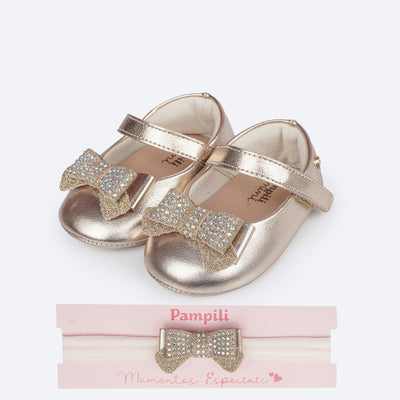 Sapato de Bebê Pampili Nina Laço em Glitter e Strass Dourado - Vem com faixa de cabelo!