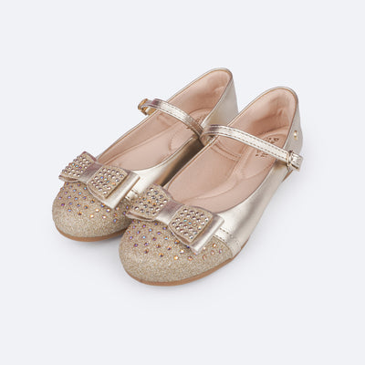 Sapato Infantil Feminino Pampili Angel Laço com Glitter e Strass Dourada - frente do sapato