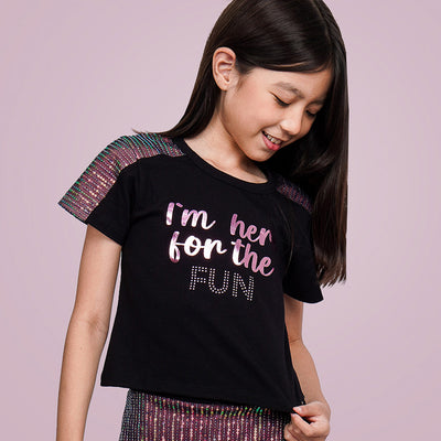Camiseta Infantil Pampili Paetê Irisado Preta - blusa na menina