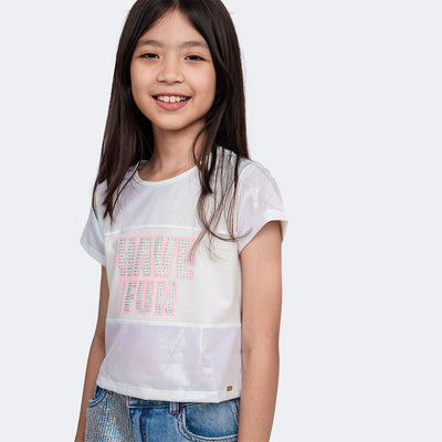 Camiseta Infantil Pampili Have Fun Strass Branca Holográfica - blusa na menina