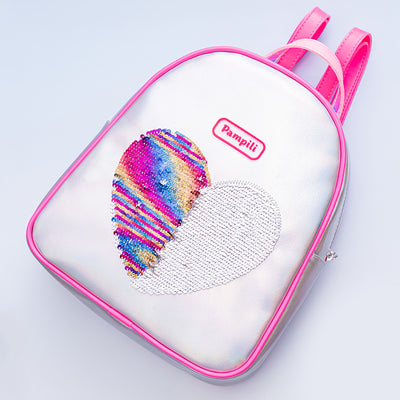Mochila Infantil Pampili Paetê Mágico Prata e Pink - frente da mochila com paete magico