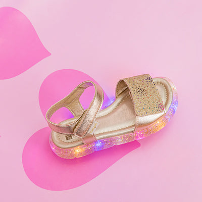 Sandália de Led Infantil Pampili Lulli Glitter e Pontos Coloridos Dourada - sandália dourada com led