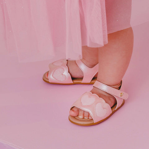 Sandália de Bebê Pampili Nana Corações de Glitter Rosa Glacê - sandalia com velcro