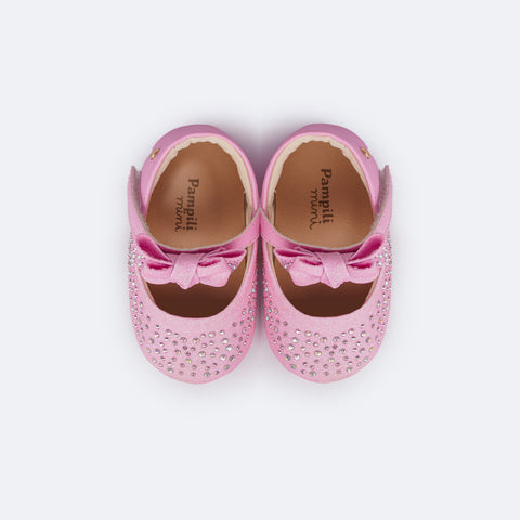 Sapato de Bebê Pampili Nina Laço Glitter Strass Rosa Bale Novo - superior do sapato de bebê confortável