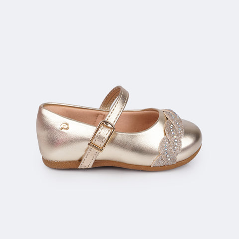 Sapato Infantil Pampili Mini Angel Trança Strass Dourado - sapato infantil feminino