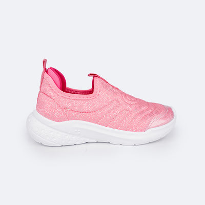 Tênis Infantil Feminino Pampili Gabi Comfy Ultra Leve Rosa Neon e Prata - lateral do tênis com costuras