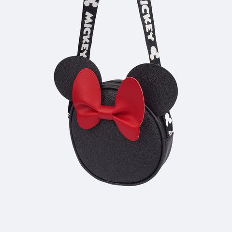 Bolsa Infantil Pampili Transversal Mickey e Minnie Preta Vermelha - traseira bolsa preta