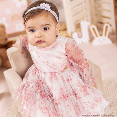 Vestido de Festa de Bebê Bambollina Manga Longa Branco e Rosa - vestido de festa para bebê