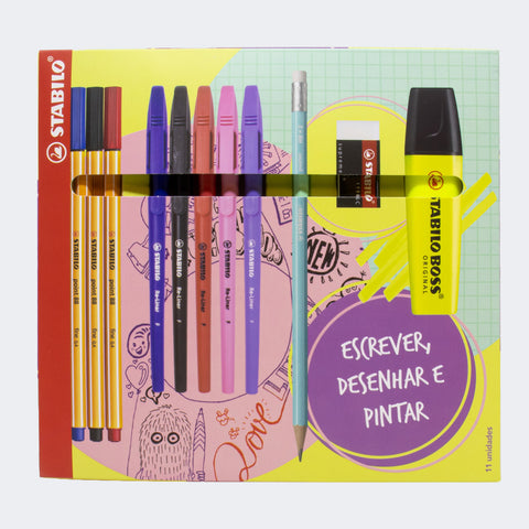 Caneta Stabilo Kit Escrever Desenhar e Pintar 11 Itens Colorida - frente do kit com canetas coloridas