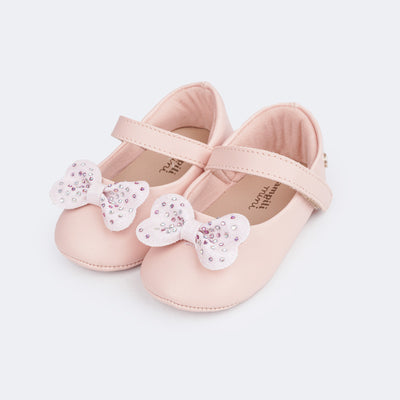 Sapato de Bebê Pampili Nina Laço com Glitter e Strass e Strass Rosa - frente do sapato de bebê rosa