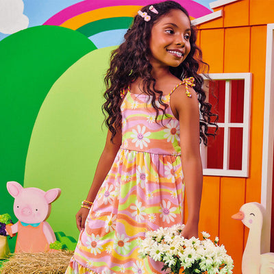 Vestido Infantil Kukiê Margaridas Rosa e Colorido - vestido de margaridas na menina