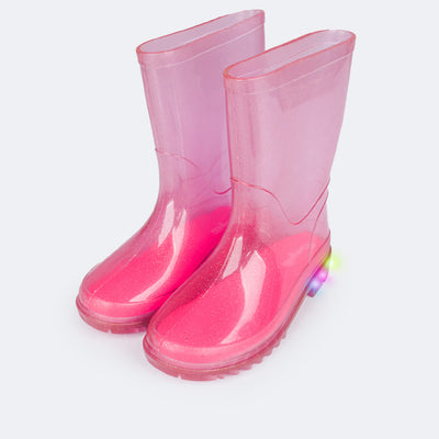 Bota Galocha de Led Infantil Pampili Lulu Glee Transparente Rosa - lateral da bota de chuva