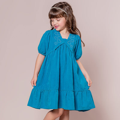 Vestido Infantil Bambollina Bordado Coração Azul - vestido infantil