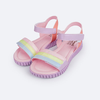 Sandália Papete Infantil Pampili Candy Listras Glitter Colorida - frente da sandália papete com velcro