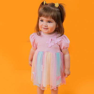 Vestido de Bebê Kukiê Tule e Borboletas Rosa - vestido de tule colorido na menina