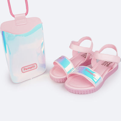 Sandália Papete Infantil Pampili Candy Holográfica Rosa Baby - Vem com Porta Celular - frente da sandália com porta celular