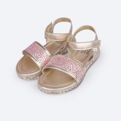 Sandália Papete Infantil Pampili Candy Glitter Flocado Dourada - frente da sandália com glitter