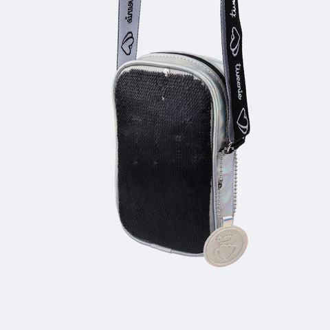 Bolsa Tiracolo Tweenie Paetê Mágico Prata e Preta - frente da bolsa com paetê preto 