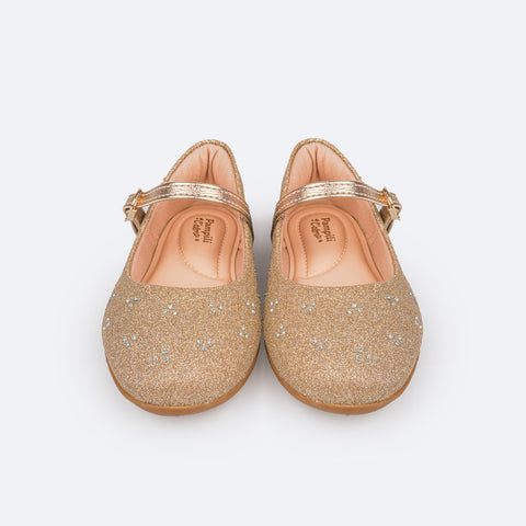 Sapatilha Infantil Pampili Bailarina Glitter e Strass Dourada - frente da sapatilha com glitter e strass