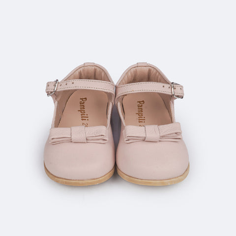 Sapato Infantil Feminino Pampili Mini Cris Laço Duplo Rosa - frente do sapato em couro para bebê