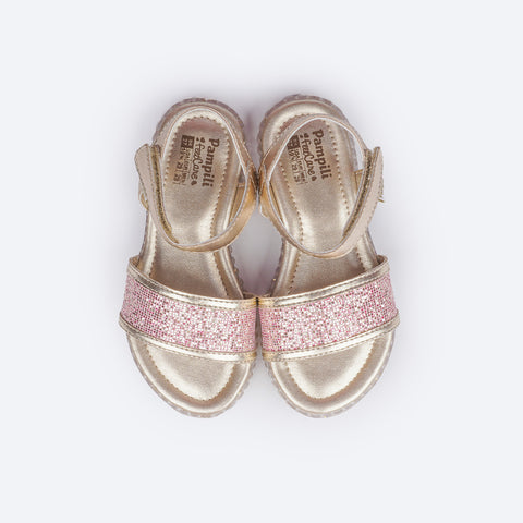 Sandália Papete Infantil Pampili Candy Glitter Flocado Dourada - superior da sandália dourada