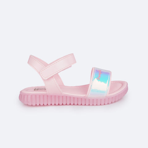 Sandália Papete Infantil Pampili Candy Holográfica Rosa Baby - Vem com Porta Celular - lateral da sandália com velcro