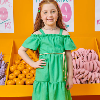 Vestido Infantil Kukiê Ombro a Ombro Verde - frente do vestido ciganinha na menina