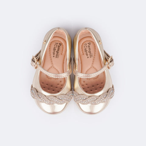 Sapato Infantil Pampili Mini Angel Trança Strass Dourado - sapatilha infantil feminina